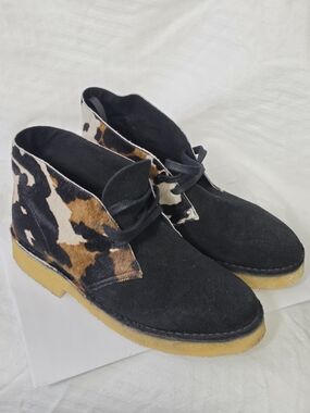Clarks Black Suede Ankle Boots with Leopard Haircalf Detail